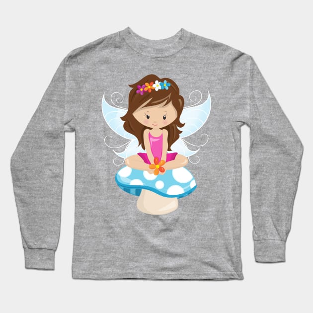 Cute Fairy, Magic Fairy, Brown Hair, Mushroom Long Sleeve T-Shirt by Jelena Dunčević